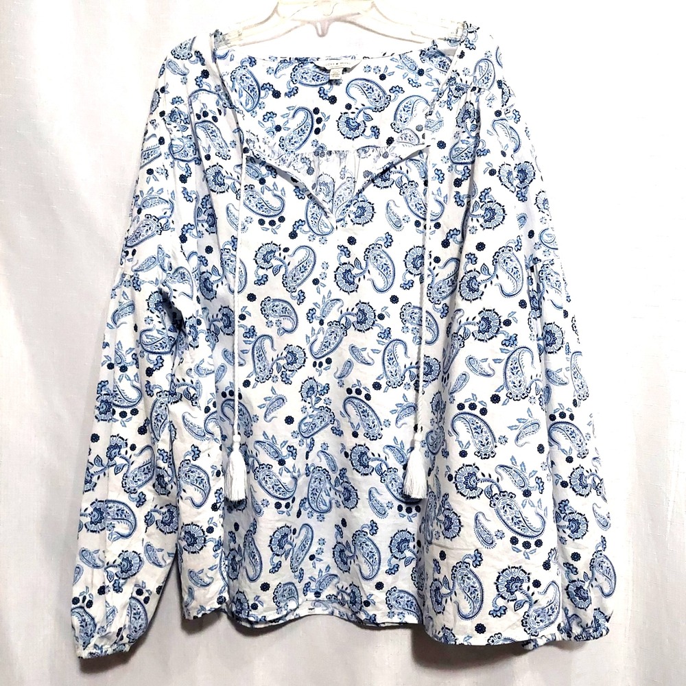 Lucky Brand Womens Large Blouse Relaxed Long Balloon Sleeves Lightweight Tassel